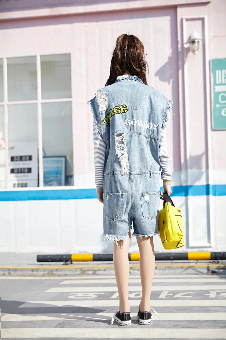 

Summer Sleeveless Loose Denim Jumpsuit Ripped Hole Short Women Jumpsuit Denim Overalls Casual Jeans Romper Blue