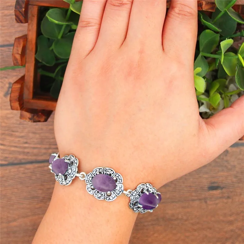 Natural Purple Stone Bracelet Plum Flower Design Vintage Look Antique Silver Plated Fashion Jewelry TB334