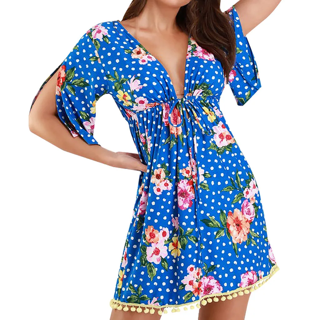 Женские лук Лето цветочный принт дамы праздник спинки Boho Летнее платье мини
