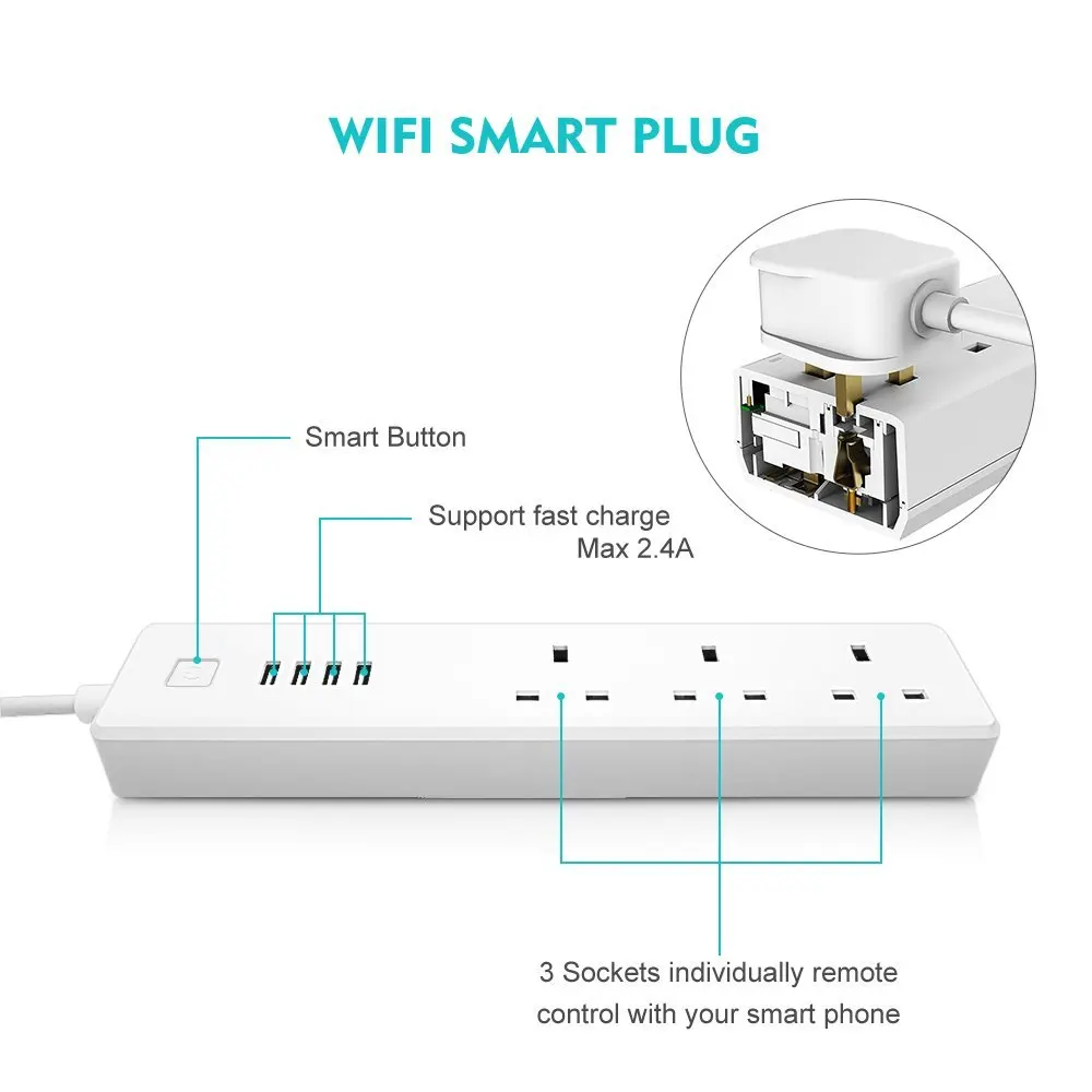 Новое поступление умный сетевой фильтр RSH для Великобритании с 3 розетками Wi Fi 4 USB