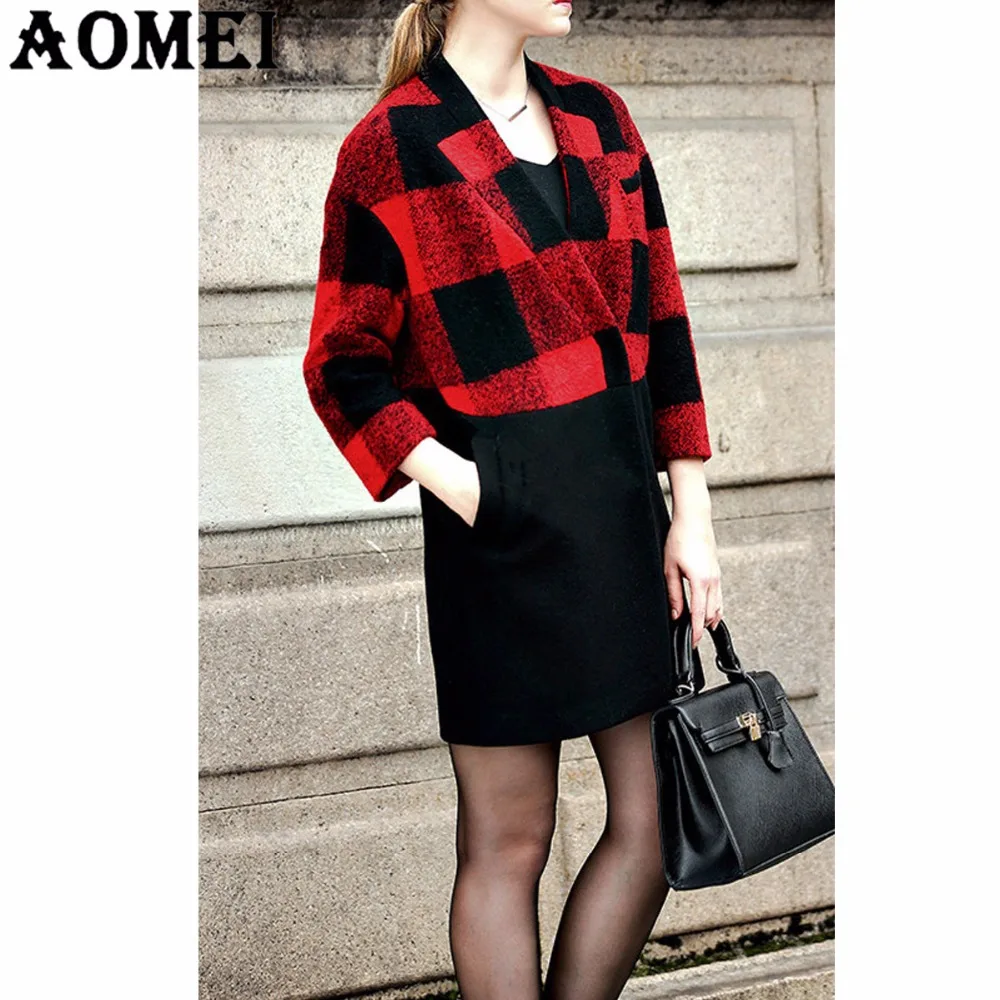Red and Black Plaid Woolen Coat for Women Winter Spring Fashion Ladies Office Outerwear Overcoat XXXXXL 4XL Peacoat with Button | Женская