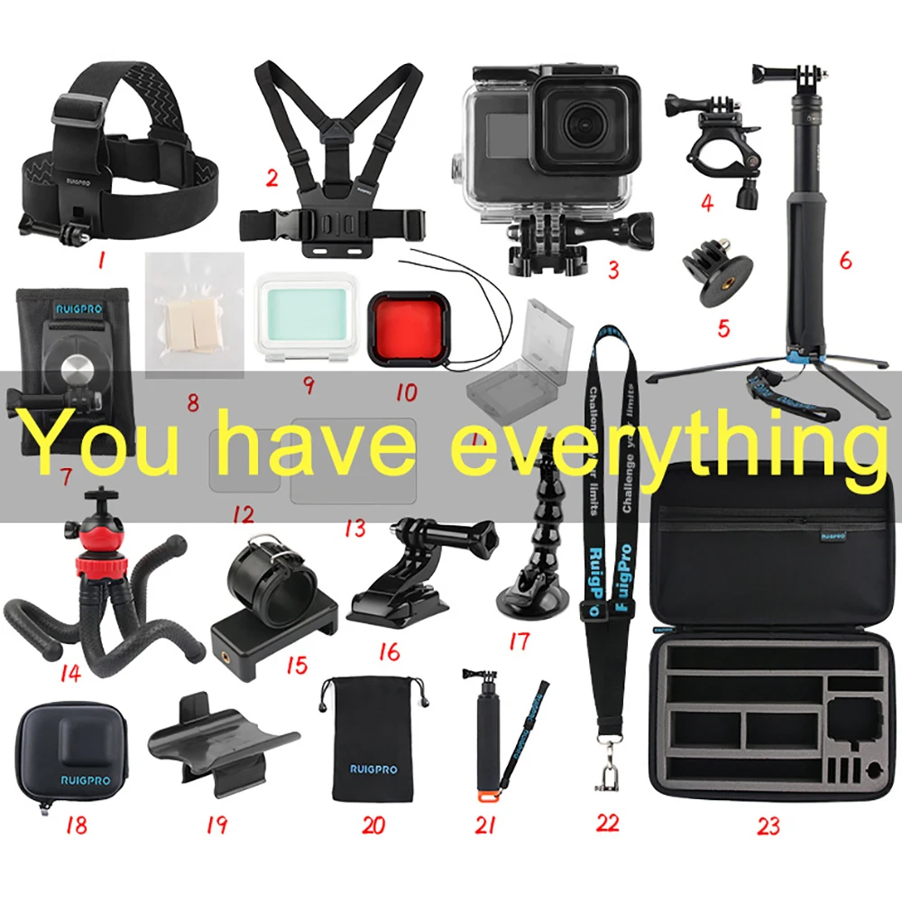 Ruigpro для спортивной камеры gopro, набор для начинающих, для дайвинга, верховой езды, альпинизма, автоспуска, аксессуары для съемки