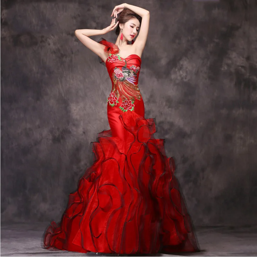 Красный женский китайский свадебный vestido женский сексуальный длинный Qi Pao рыбий хвост современный с новогодней елкой, бумажный платье для женщин Qipao