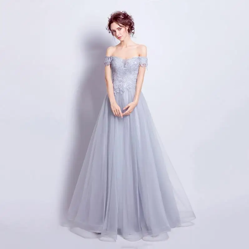 same as picture Реальное изображение vestidos de festa largos Серые Вечерние платья с открытыми плечами, длинное, кружевное до пола праздничные наряды - Цвет: same as picture