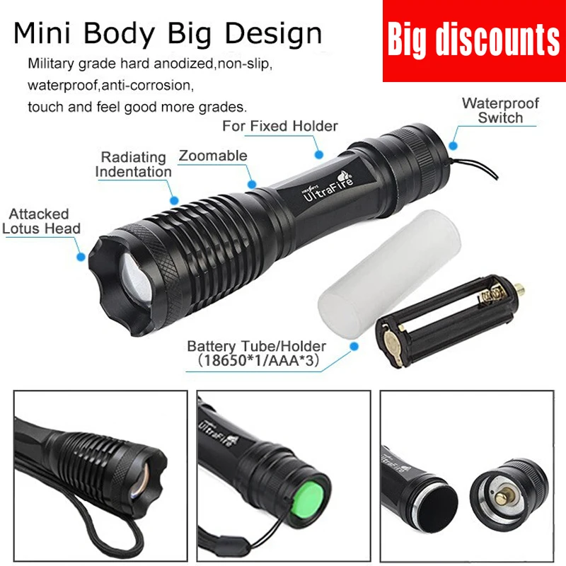 

Big Discount Top Quality XM-L T6 LED Flashlight 5 Modes 4000 Lumens Zoomable LED Torch Light