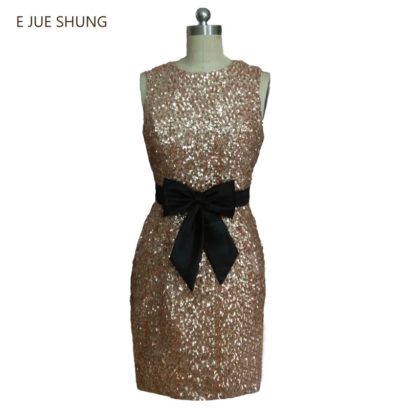 

E JUE SHUNG Gold Sequin Short Cocktail Dresses 2017 Black Sash Cute Short Party Dresses robe cocktail courte chic