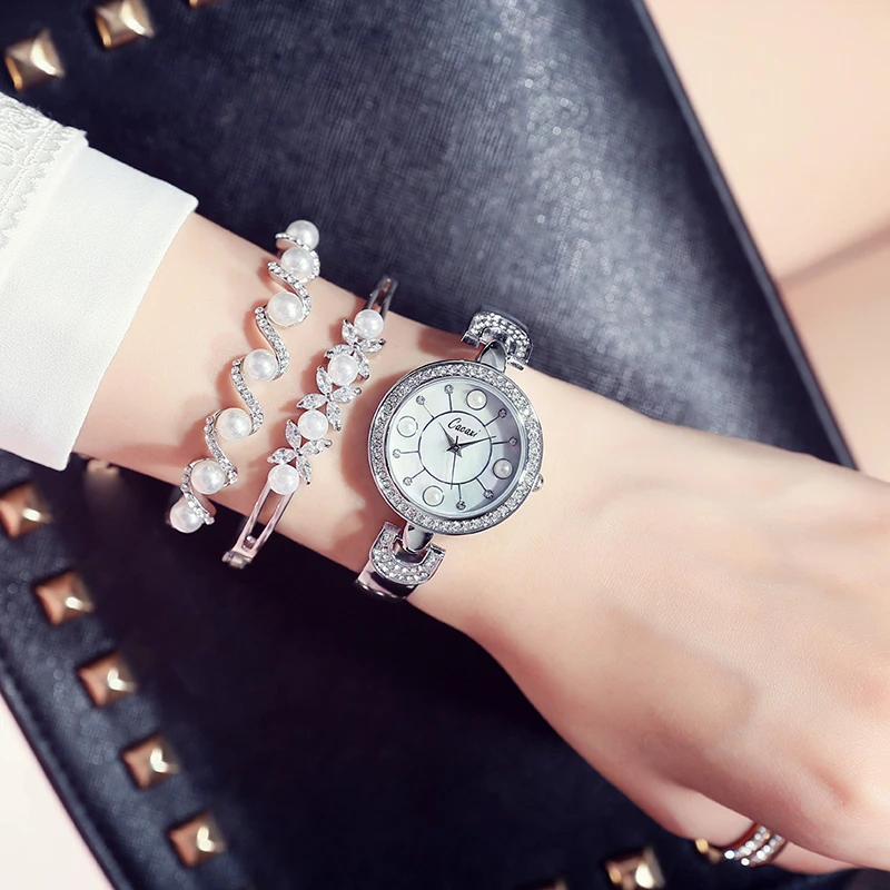

New Fashion Women Watches 3pcs Set Pearl Crystal Bracelet Golden Ladies Quartz Watch Relojes Mujer Luxury Women Wristwatch Gifts
