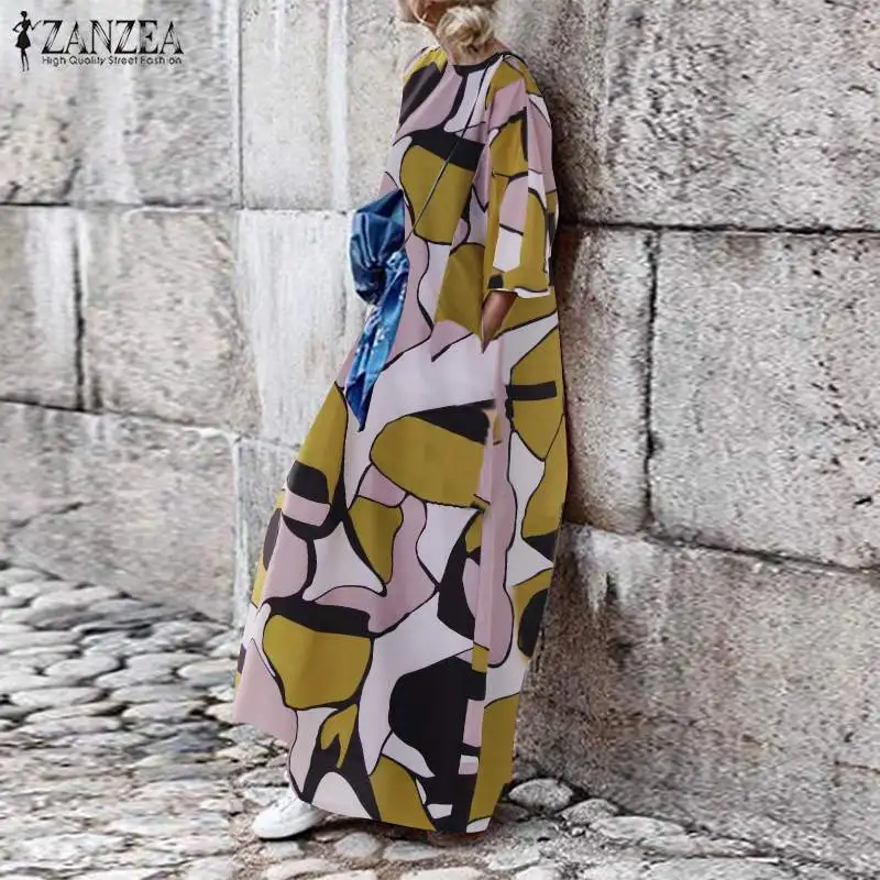 Длинное платье макси, женское платье с цветочным принтом, Vestidos, ZANZEA, женские пляжные вечерние сарафаны, платье-кафтан, длинное платье для женщин размера плюс