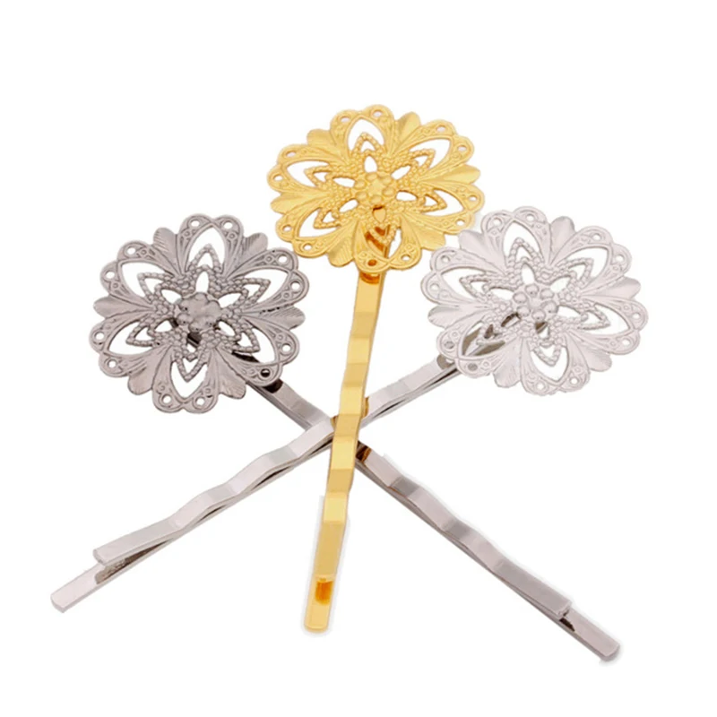 

10pcs/lot Gold/SIlver Color Flower Pattern Barrettes Hair Pins Cabochon Setting Hair Snap Clips Cameo Base DIY Hair Findings
