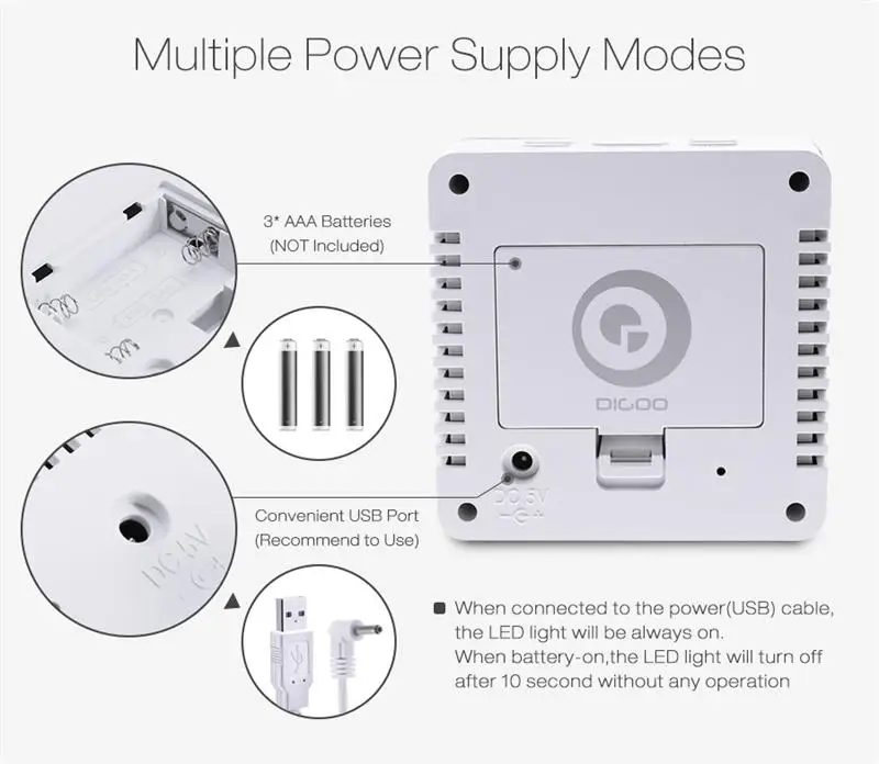 Digoo DG-DM1, беспроводной, USB, зеркало, светодиодный, цифровой термометр, время, температура, ночной режим, огни, черный повтор, будильник