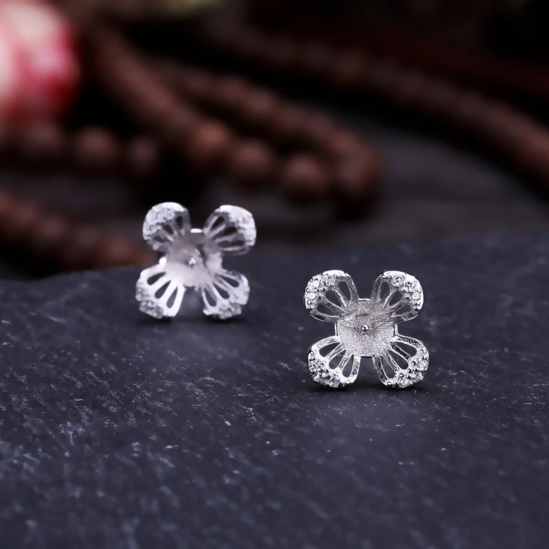 

925 Sterling Silver Women Stud Earrings Crystal 8-10mm Round Bead or Pearl Semi Mount Earrings Wholesale