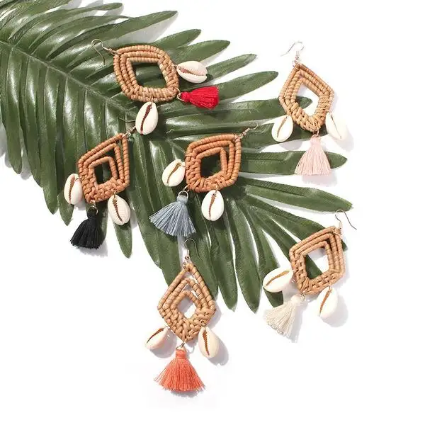 Новейший дизайн женские серьги из ротанга с кисточками искусственная Морская
