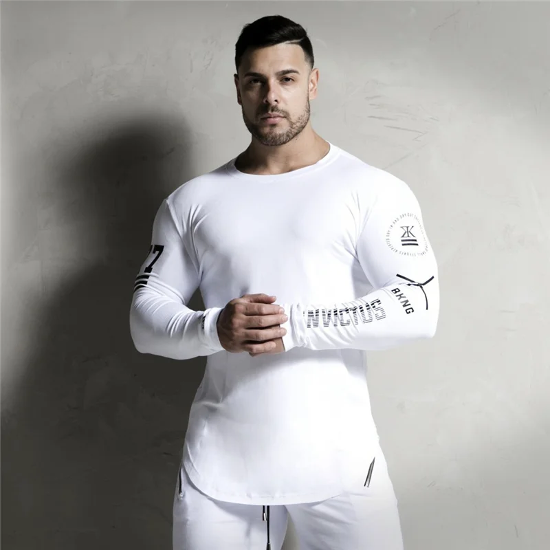 white2 Новинка, мужские Эластичные Обтягивающие Футболки с длинным рукавом, мужская спортивная одежда для фитнеса, бодибилдинга, бега, брендовая одежда, плюс размер, M-XXXL - Цвет: white2