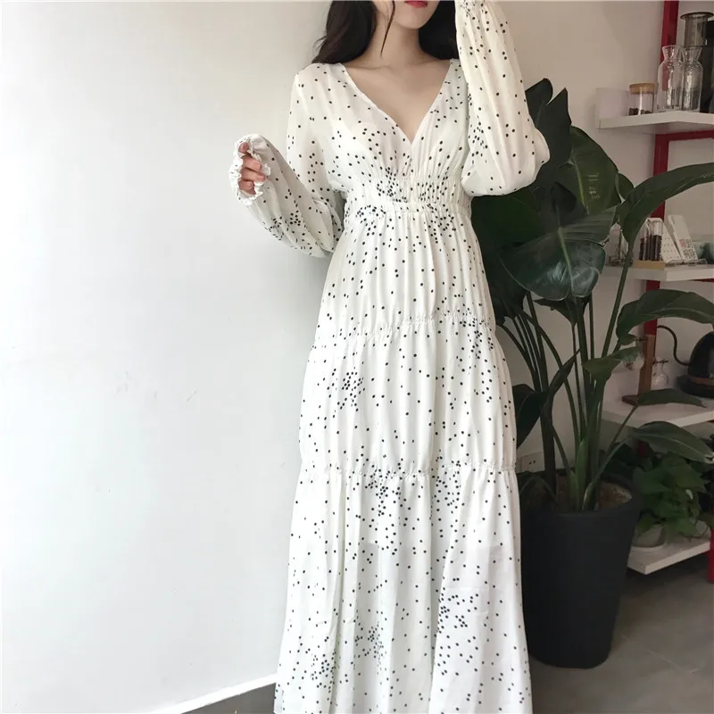 Платье А силуэта в горошек длинное платье с длинным рукавом и буфами Корейском