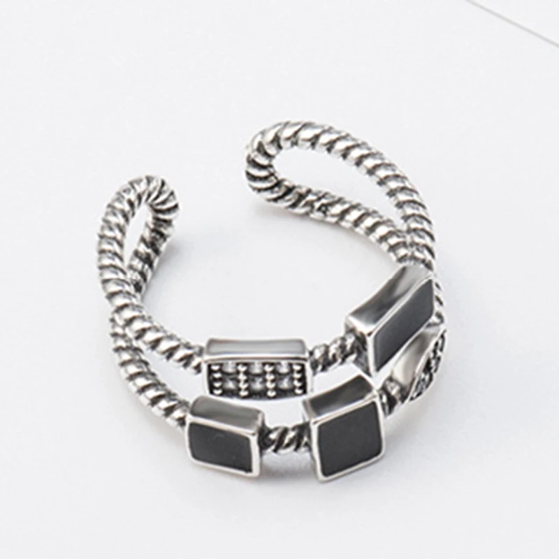 Женские двухслойные кольца на палец черные геометрические из стерлингового