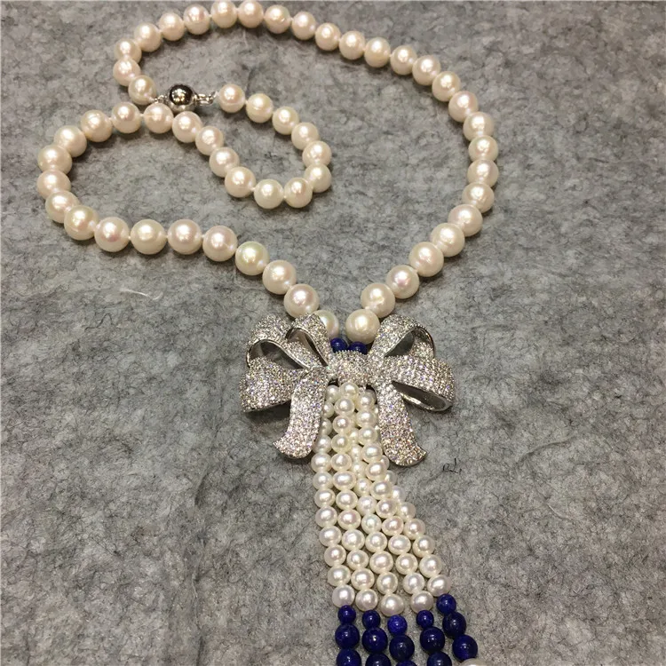 Hand knotted natural 8-9mm white freshwater pearls Lapis lazuli bowknot accessories long necklace sweater chain fashion jewelry | Украшения