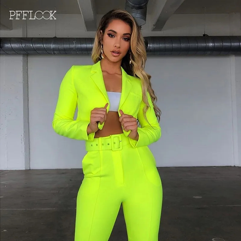 PFFLOOK, летний, неоновый, зеленый, комплект из двух частей, женский,, длинный рукав, костюм, короткий топ, Повседневный, женский, Blet, спортивный костюм, топ и штаны, комплект для девушек
