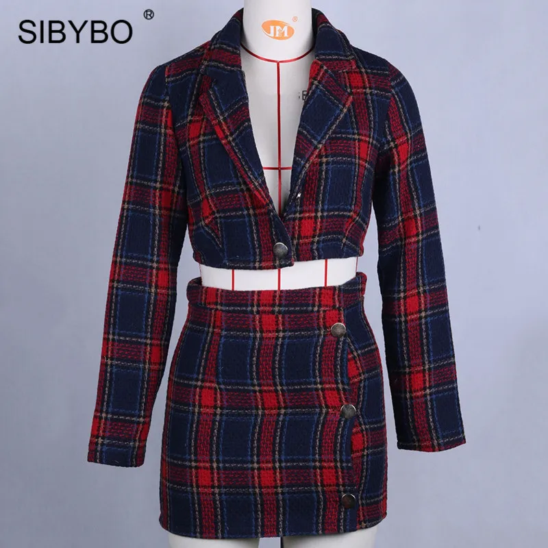 Sibybo, клетчатое, с принтом, с зубцами, мини, сексуальное, облегающее платье, весна, с длинным рукавом, имперский комплект из двух частей, платье для женщин, на пуговицах, вечерние платья