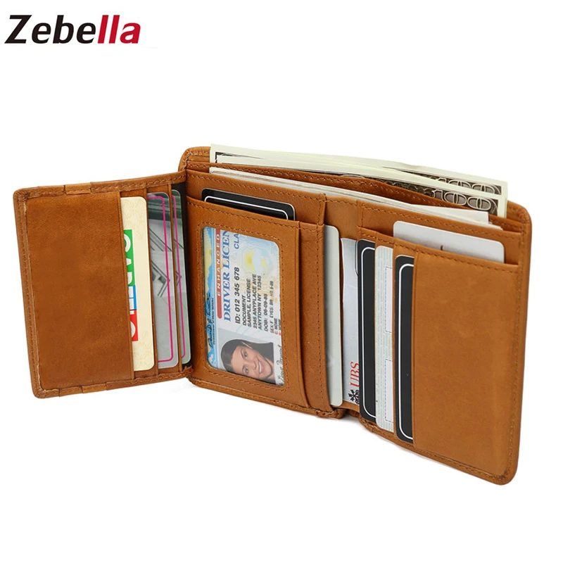 

Zebella Trifold Genuine Leather Men Women Short Wallets Small Vintage Coin Wallet Cowhide Leather Card Holder Pocket Bolsa