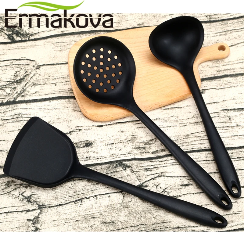 ERMAKOVA 3 шт./компл. антипригарный силиконовый Тернер шпатель шумовка суповая ложка из термостойкого Кухня Пособия по кулинарии посуда(черный