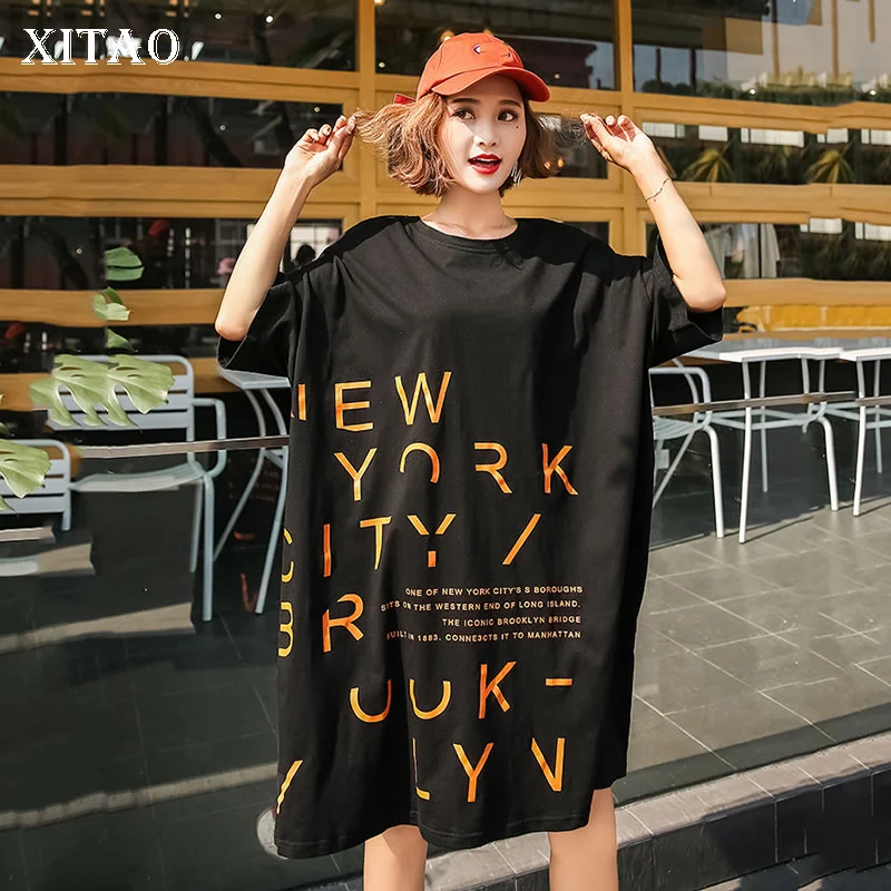 XITAO/платье с буквенным принтом размера плюс, корейская мода, новинка, Летний Тонкий свитер Joker с круглым вырезом, элегантный короткий рукав, WLD1370