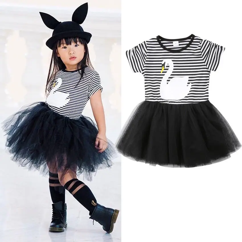 Новое летнее платье в полоску с лебедем для маленьких девочек детская одежда