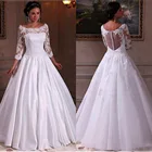 Женское свадебное платье до пола, белое кружевное платье с длинными рукавами и вырезом лодочкой, с аппликациями, с иллюзией на спине, 2019