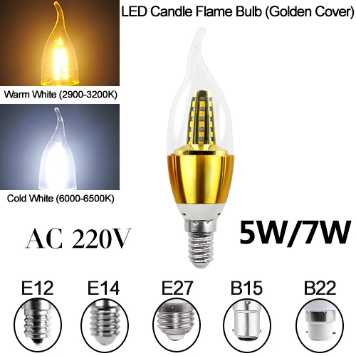 Golden Flame 220V Светодиодный лампы в форме свечи лампы E27 E14 энергосберегающая лампа светильник 220V 3W 5 Вт 7 Вт E12 B15 B22 Bombilla Lampara люстра домашнее украшение точечный светильник - Испускаемый цвет: Golden Flame 220V