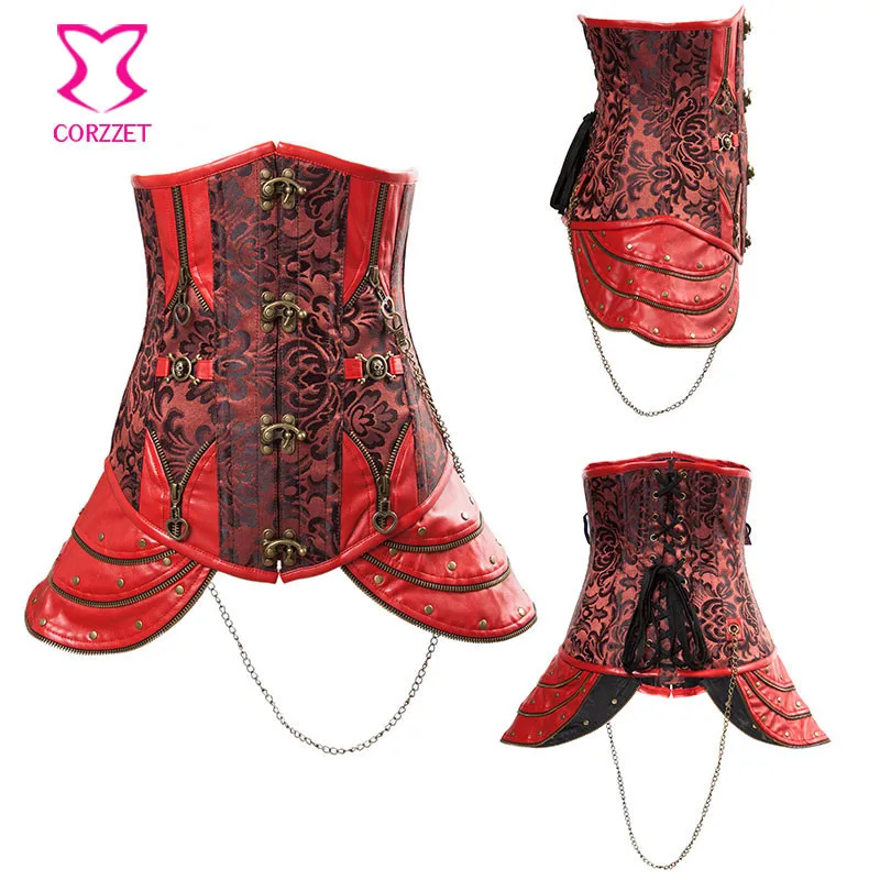 Женский корсет в готическом стиле красный стимпанк с косточками бюстье