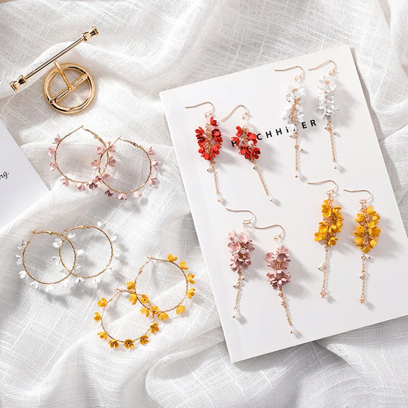 

Korean New Female Flower Summer Hoop Earrings 2019 Accessories Aros Mujer Oreja Metal Long Tassel Jewelry