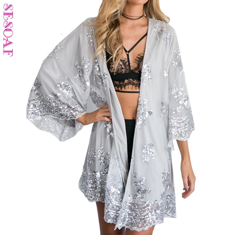 SESOAF 2018 Women New Chic Fashion Silver Sequined Cardigan Emboodery Kimono Casual beach Blouse Long Drop Shipping |