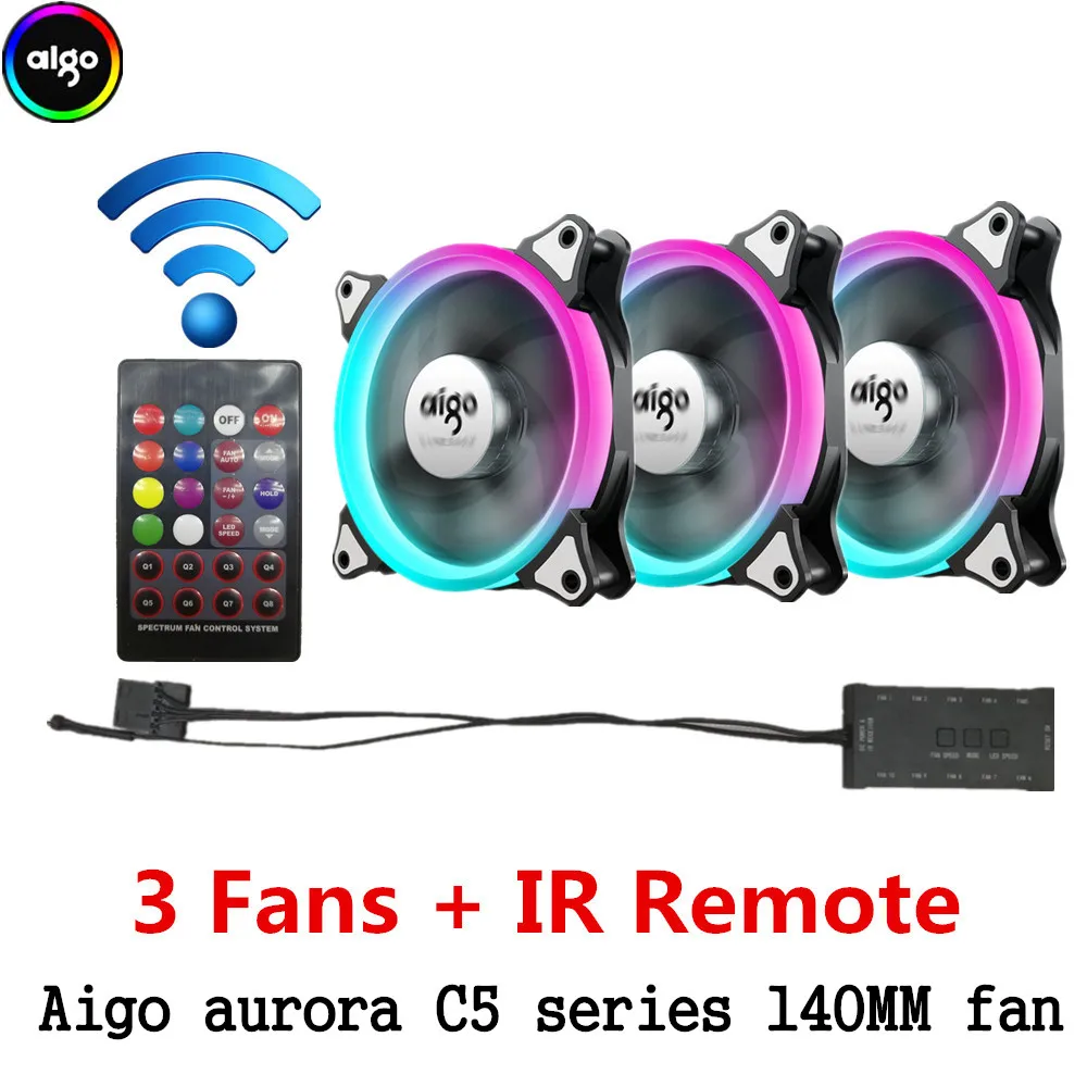 Aigo aura sync c3/c5 чехол для компьютера pc вентилятор Радиатор Вентилятор rgb Регулировка led 140 мм охладитель охлаждения тихий вентилятор беспроводной пульт дистанционного управления - Цвет лезвия: 3 fans and IR Remote