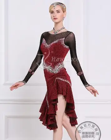 

rhinestone wine red customize custom back cutout Rumba cha cha salsa tango Latin dance competition dress