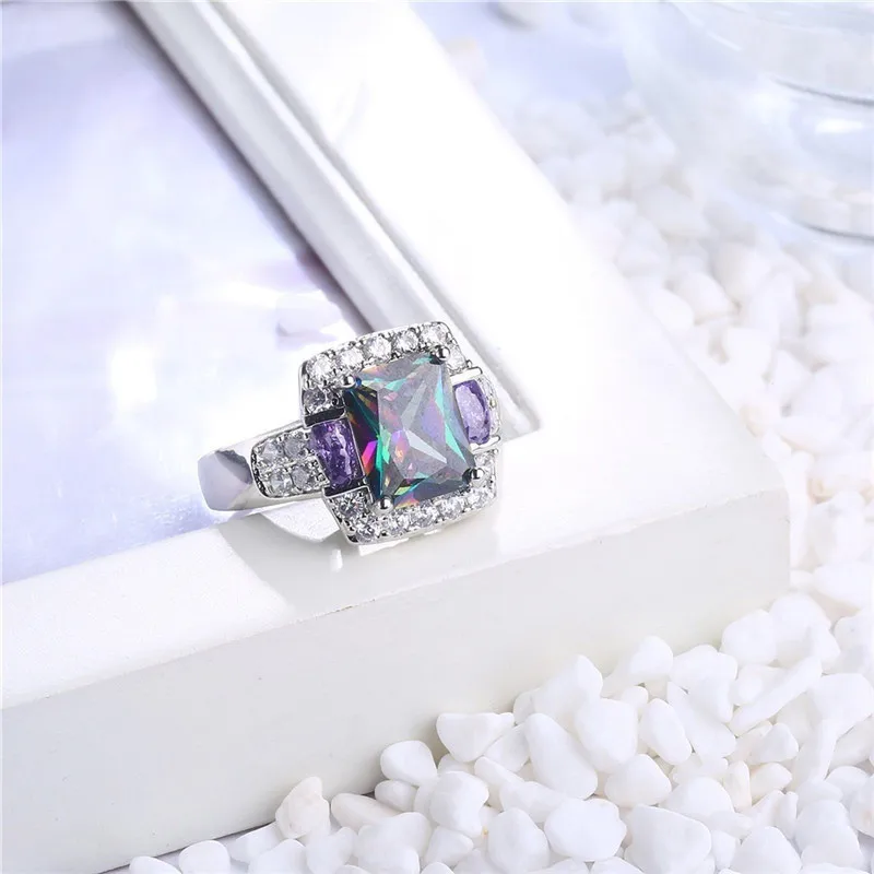 Silver Color Filled Jewelry Rainbow Square Baguette CZ Engagement Ring for Women Colorful Cubic Zirconia Eternity Band | Украшения и