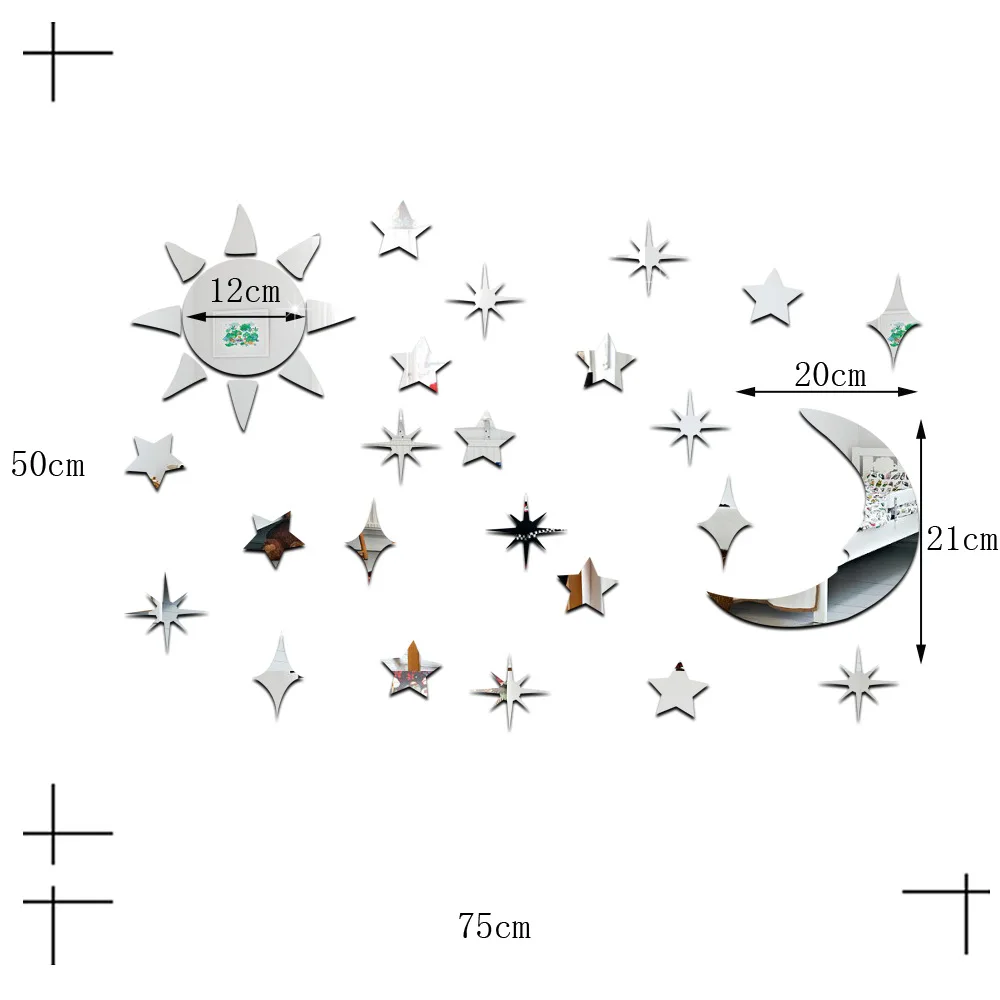 Hot sell sun the moon stars diy 3 d environmental protection acrylic mirror wall stick children like in clock | Дом и сад