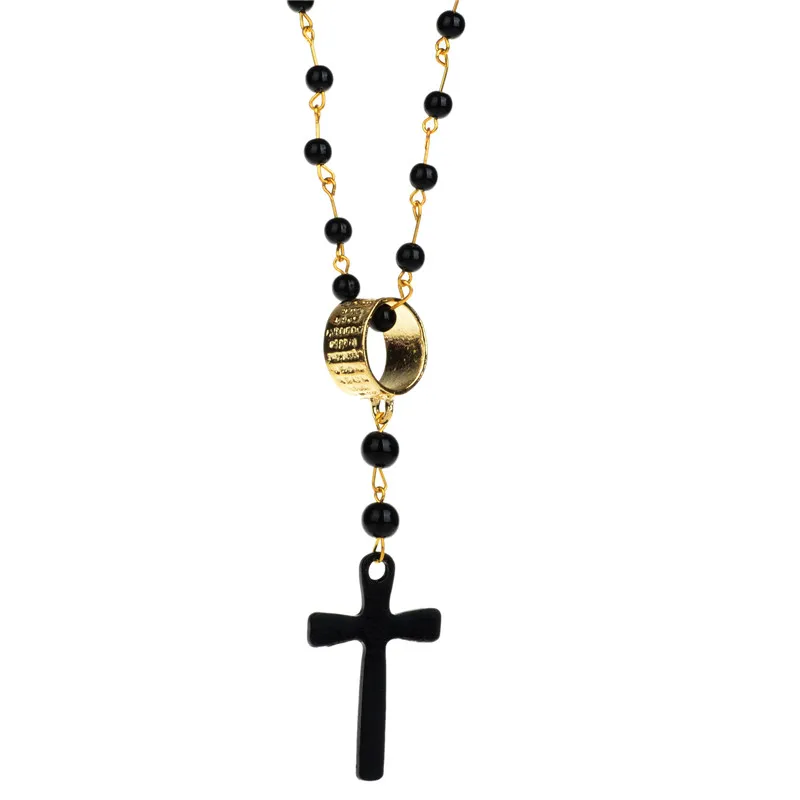 Fashion Long Black Beads Gold Chain Cross Pendant Statement Necklace Women Sweater Jewelry Accessories Gift | Украшения и