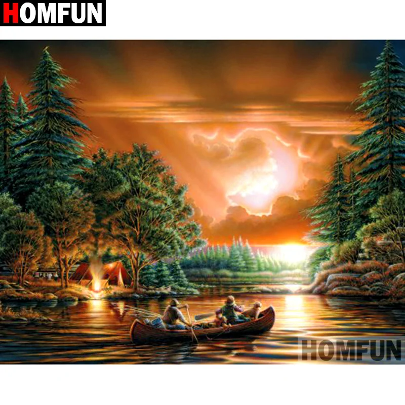 HOMFUN Full Square/Round Drill 5D DIY Diamond Painting "Boat sunset scener" 3D Diamond Embroidery Cross Stitch Home Decor A18840