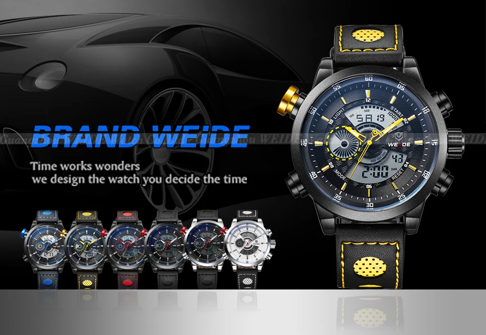 WEIDE Роскошные Кварцевые модного бренда спортивные часы для Для мужчин двойной дисплей двигаться Для мужчин t Кожаный Ремешок Сигнализации календарная дата Функция часы