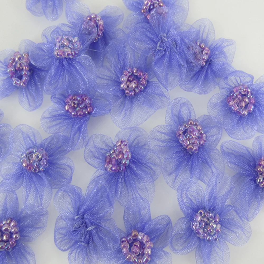40Pcs/Lot Handmade Purple Silk Organza Glass Seed Beads Flower Appliques Trim/Wedding/Dress/Craft/DIY 25mm | Дом и сад