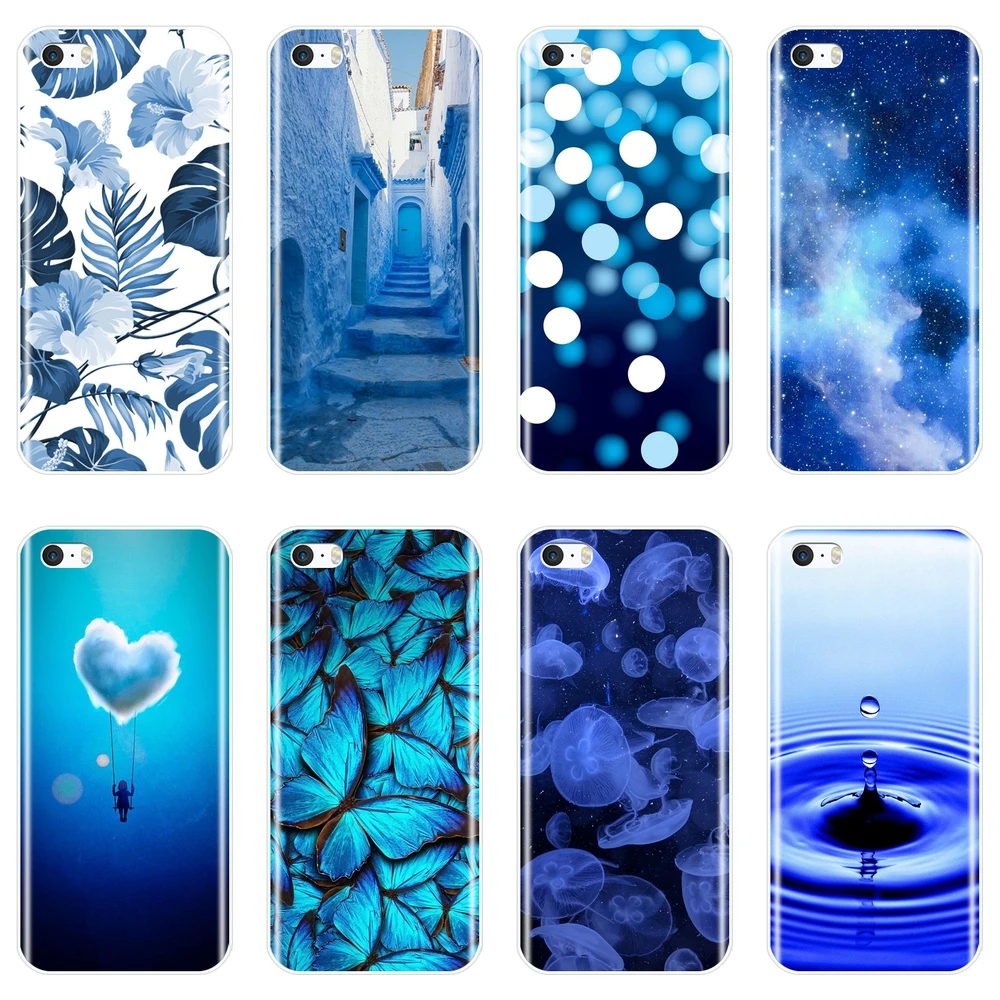 Мягкая задняя крышка для iPhone 5 5C 5S SE 4 4S синее Сердце цветок звезды бабочка