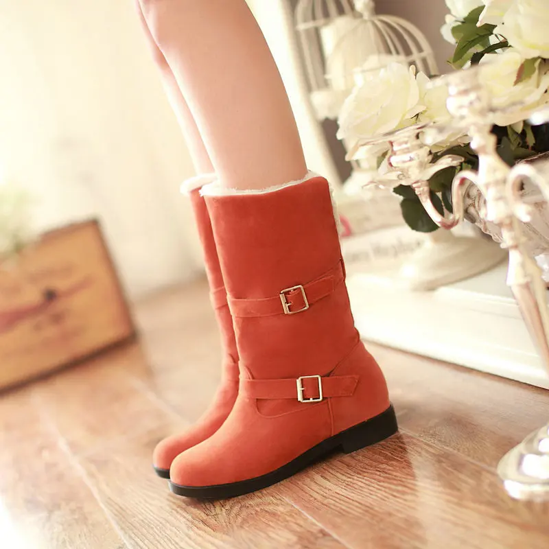 QUTAA Scrub Fashion Round Toe Casual Mid Calf Boots Buckle Comfort Low Heel Winter Warm Fur Orange Women Shoes Size 34-40