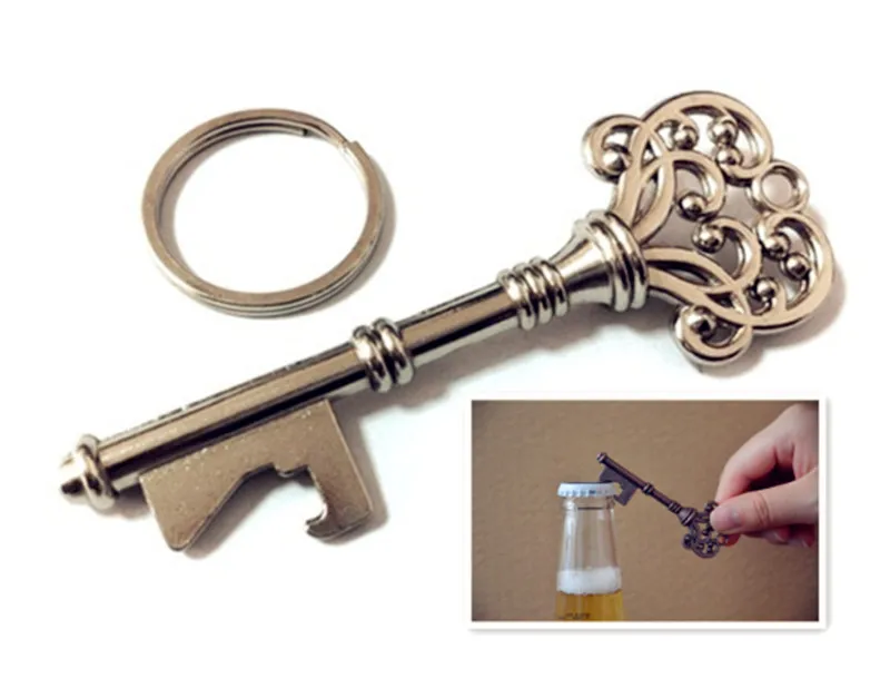 

100 Pcs/lot Classic Creative Wedding Favors Party Gifts Antique Bronze Silver Copper Skeleton Key Beer Bottle Opener with Ring