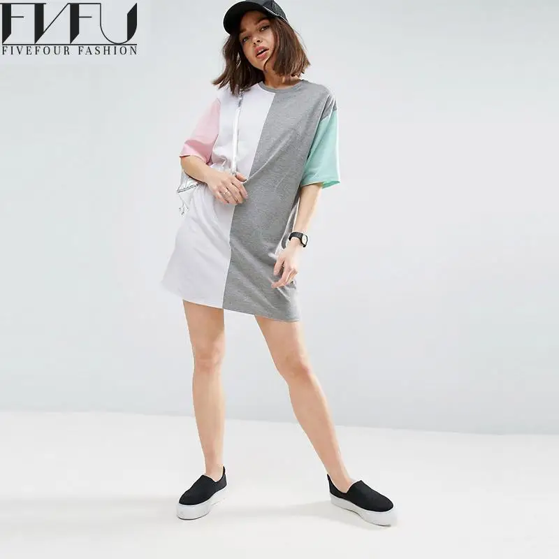 New Fashion 2018 Dress Women Summer Cute Color Block Shirt Girls Patchwork Short Sleeve Loose Casual Plus Size | Женская одежда