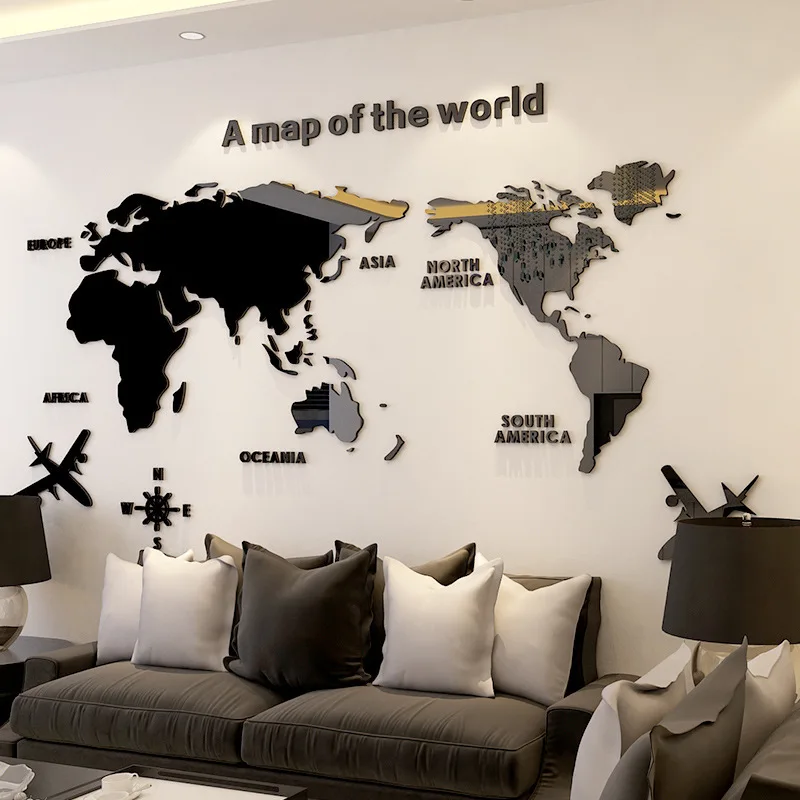 World Map DIY 3D Acrylic Wall Stickers for Living Room Educational World Map Wall Decals Mural for Children Bedroom Dorm Decor