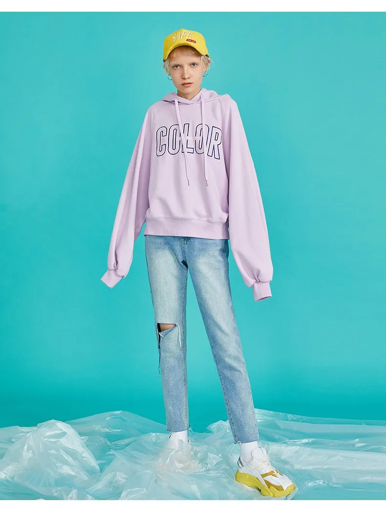 Toyouth New Autumn Purple Lazy Women Sweatshirts Plus Over Hooded Pullovers Embroidery Long Sleeve Stylish Female Tops Hoodies