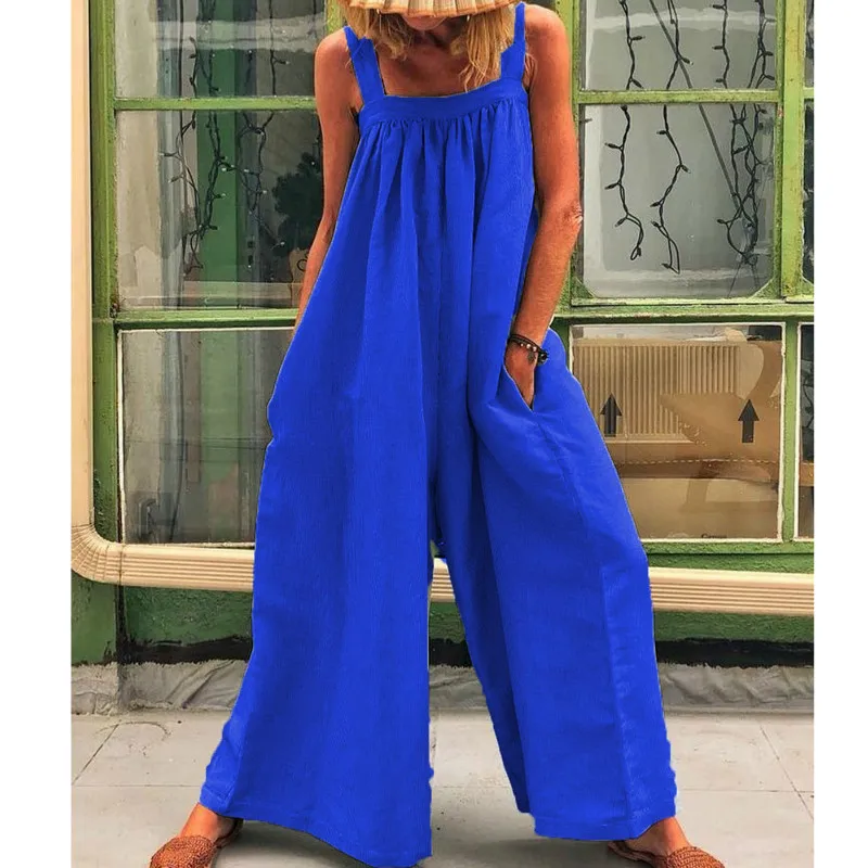 Женский свободный комбинезон из хлопка и льна длинный пляжный без бретелек с