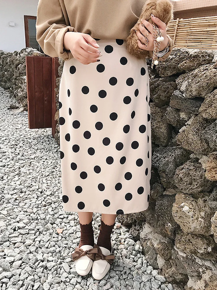 XXXL 4XL Женская Повседневная Вельветовая юбка средней длины с принтом в горошек