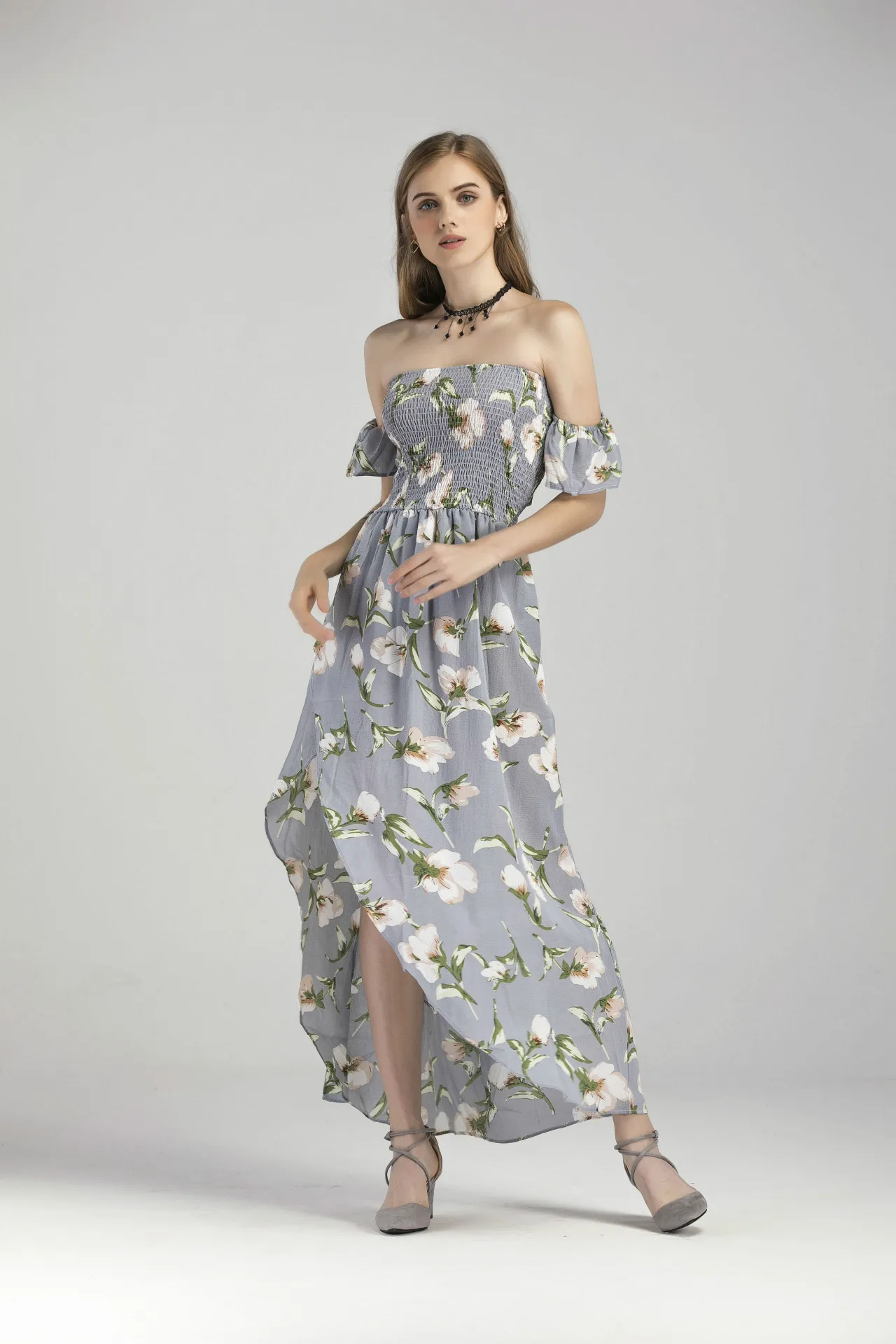 Взрывные Модели 2018 весной и летом праздник стиль off-the-shoulder dress Печать