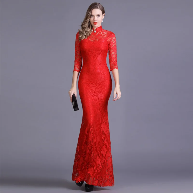 Эластичное кружевное длинное китайское вечернее платье Qipao, элегантное женское свадебное вечернее платье, красное платье-Русалка Cheongsam, Сексуальное Дешевое Qi Pao Chipao