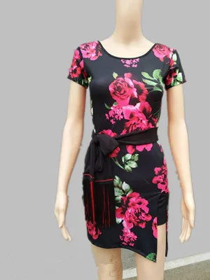 Rose print Milk silk Черное, красное леопардовое платье для латинских танцев, женское платье для танго, сальса, Румба, современные танцевальные костюмы, платье для латиноамериканских танцев, Одежда для танцев - Цвет: Rose print Milk silk